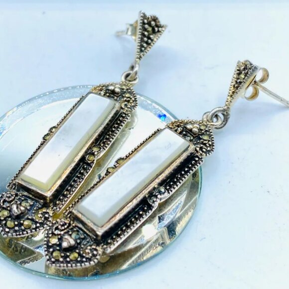 925 Jewelry - Sterling silver earrings marked 925 Art Deco Mother Of Pearl with Marcasite